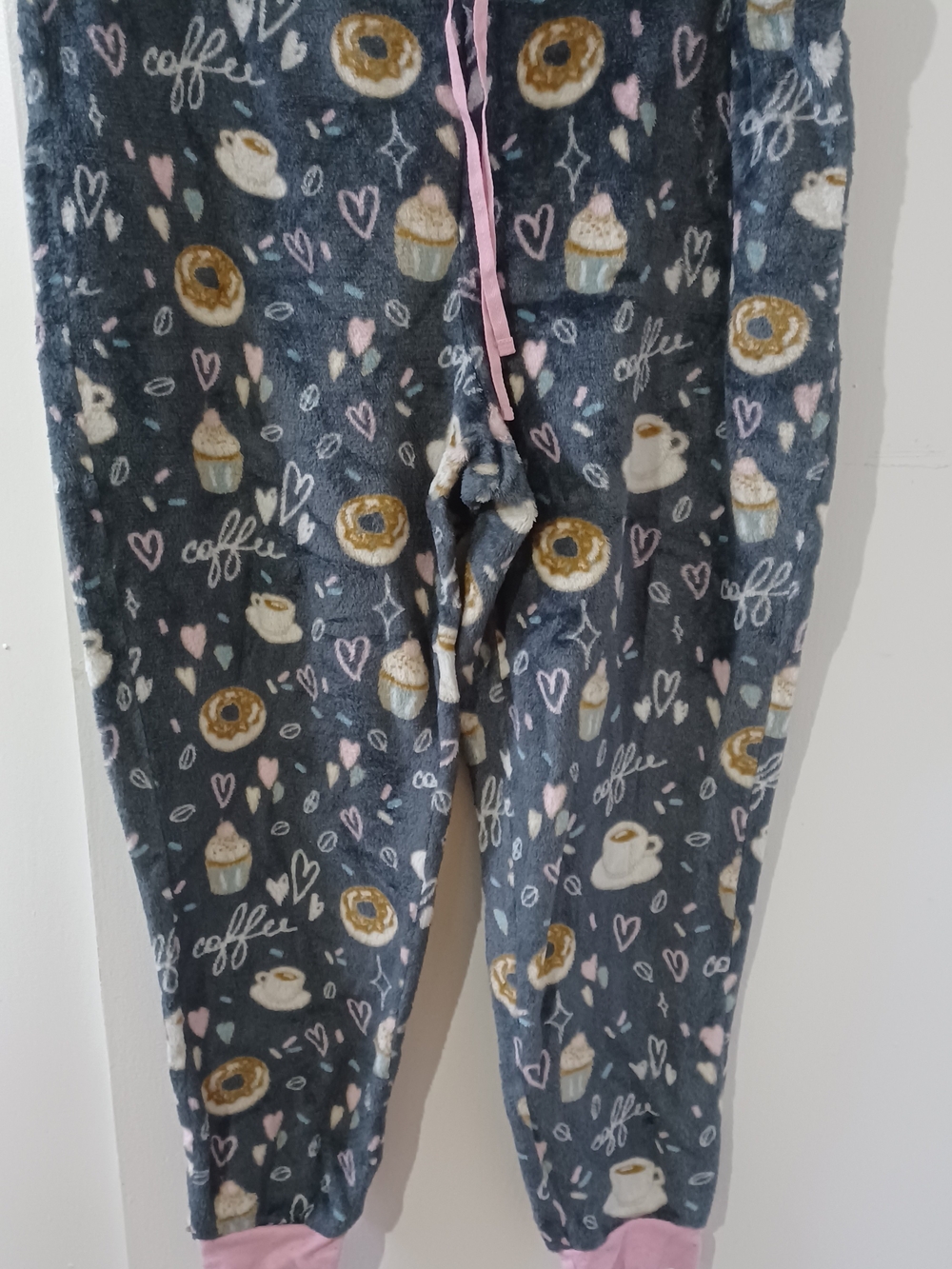 Secret Treasures Ladies Gray Coffee & Donut Fleece Pajama Pants with Pink Trim